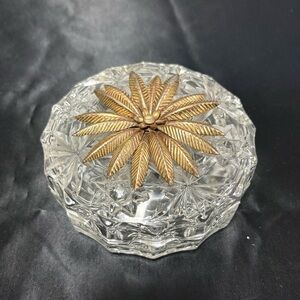 Cut Crystal Trinket Dish with Brass Leaf Accent